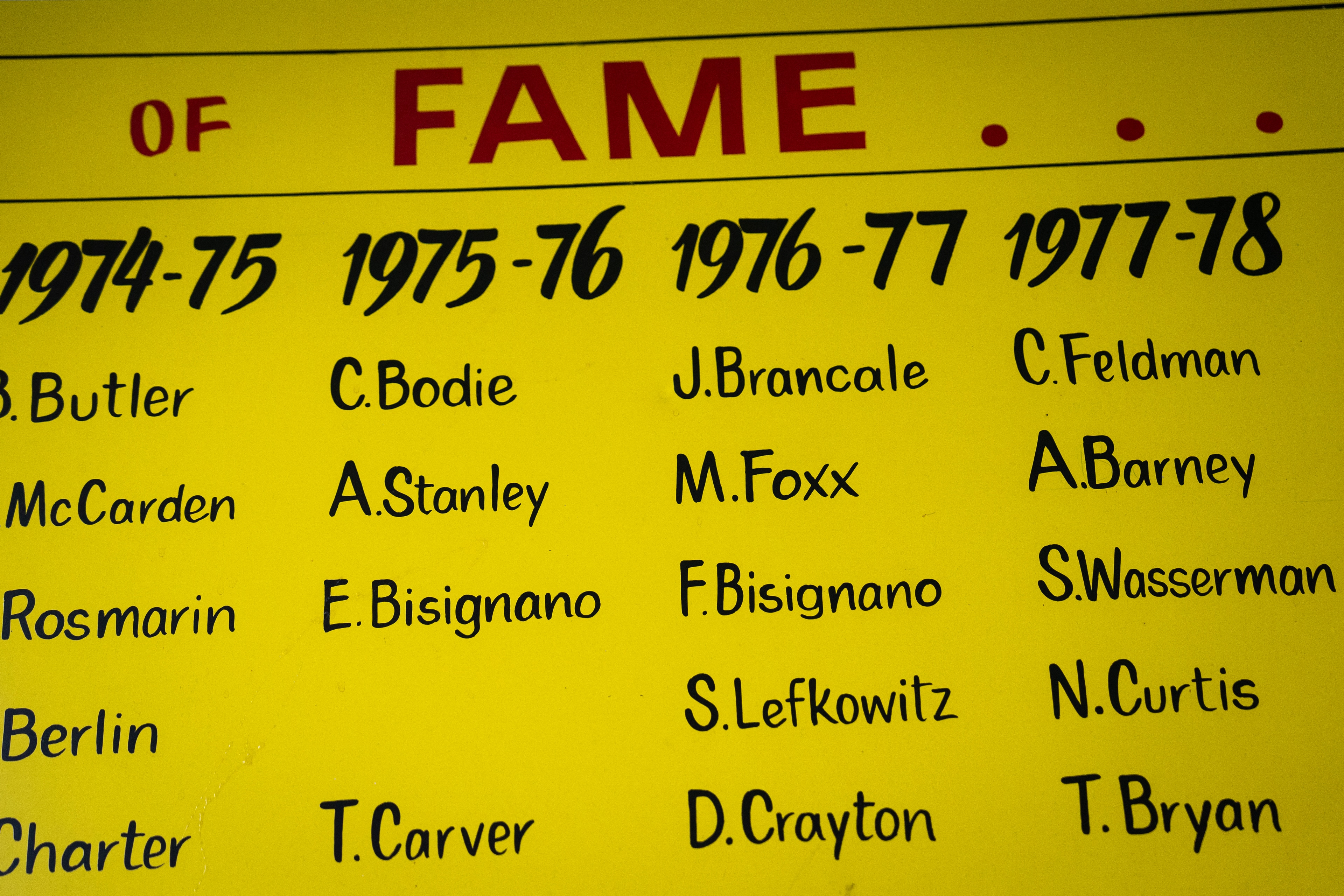 Bowling Hall of Fame board listing F. Bisignano